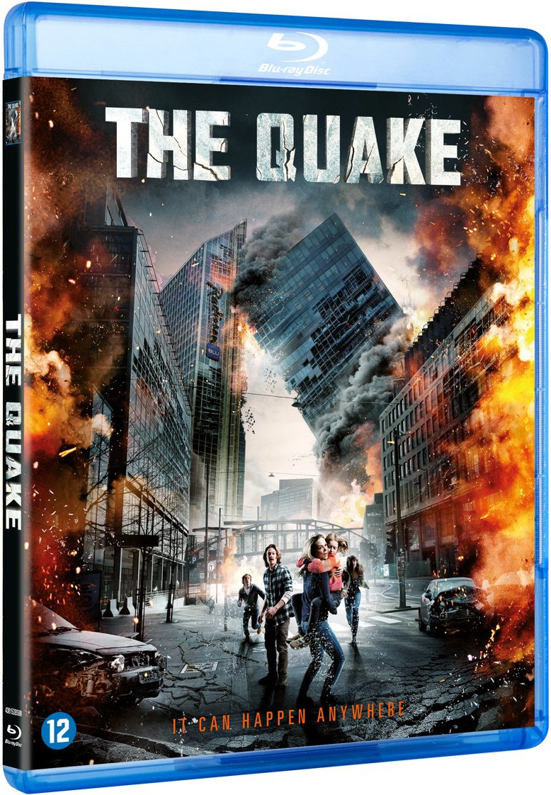 Couverture DVD du film "The Quake". Ville en ruines, gens courant, feu et fumée.