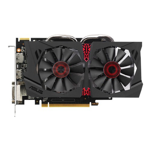 Una tarjeta gráfica ASUS negra y roja con dos ventiladores sobre fondo blanco.