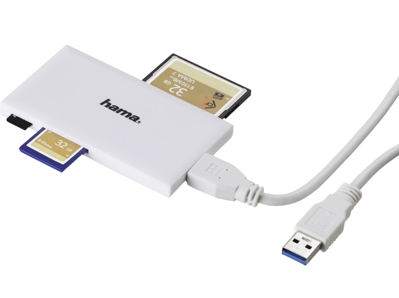 Egy fehér kártyaolvasó, behelyezett memóriakártyákkal és USB-kábellel. A készülék sötét háttéren van.