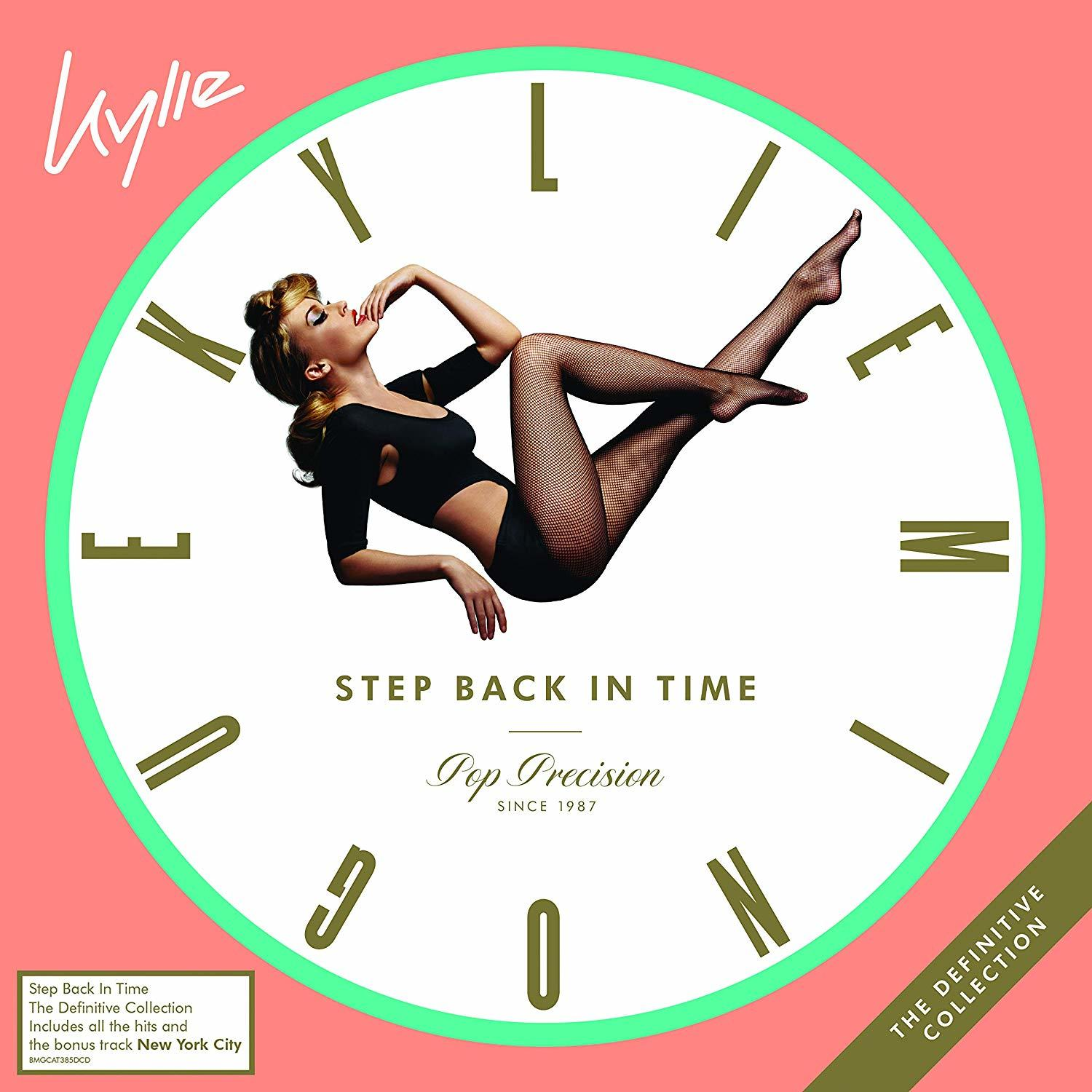 Albumcover mit einer Frau in schwarzem Outfit auf einer Uhr.