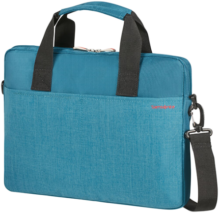 Egy türkizkék Samsonite laptop táska fekete fogantyúkkal és vállpánttal. A táskán cipzár és egy kis piros logó található.