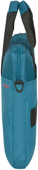 Türkiz Samsonite aktatáska, oldalsó nézet. Fekete fogantyúk és díszítések. Cipzárral és fekete D-gyűrűvel. Piros Samsonite logó.