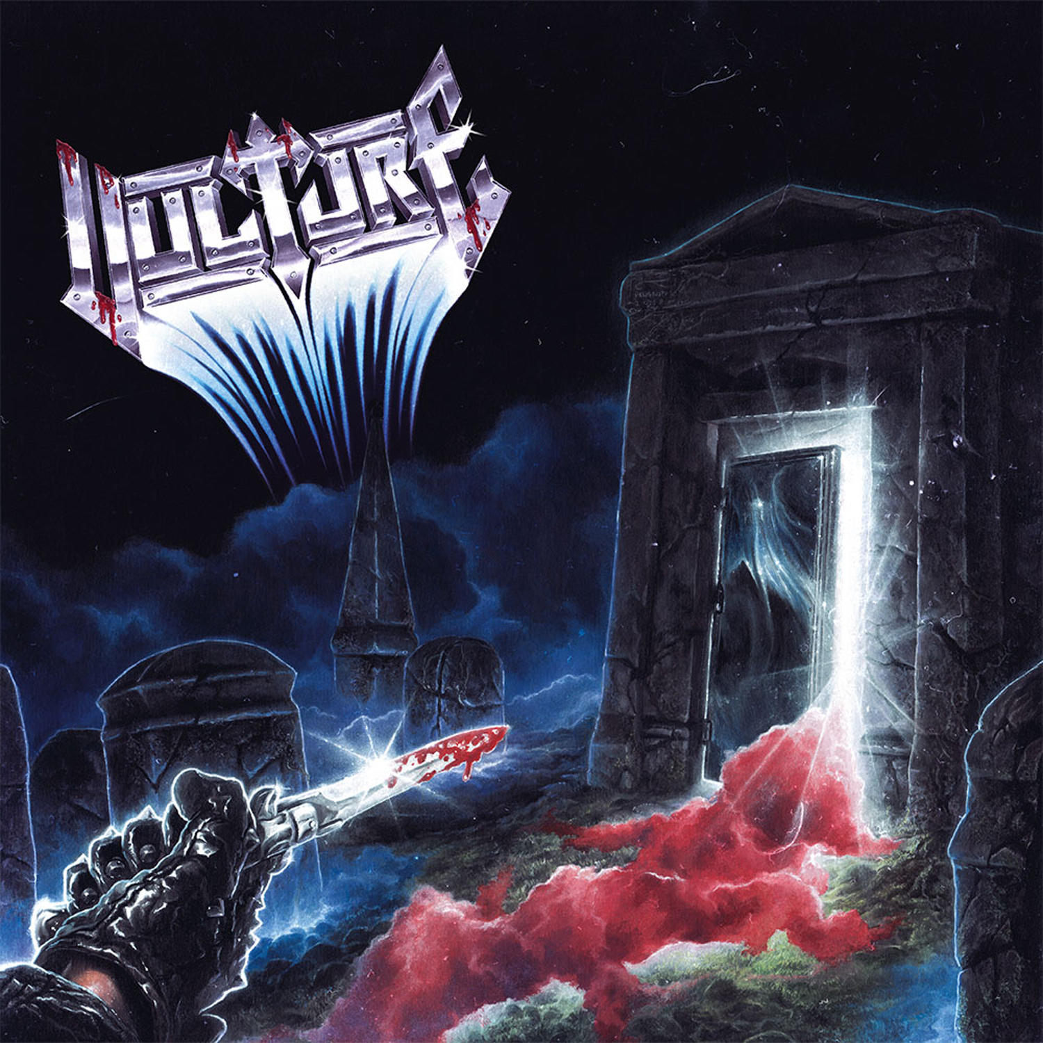 Albumcover, dunkel mit einer Hand, die ein blutiges Messer hält. Ein Portal und eine dunkle Nachtszene.