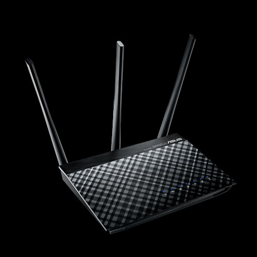 Siyah bir arka plan üzerinde üç antenli siyah bir ASUS kablosuz yönlendirici.