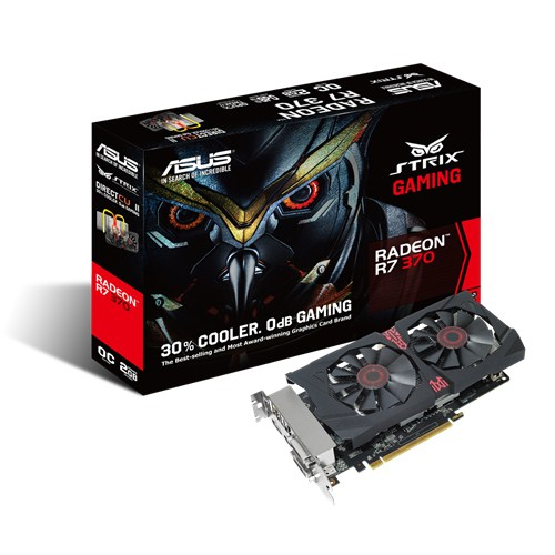 Caja de tarjeta gráfica con tarjeta negra y roja. La caja dice ASUS STRIX GAMING Radeon R7 370.