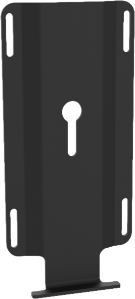 Schwarze Metallplatte mit einem zentralen Loch und vier kleineren Löchern.