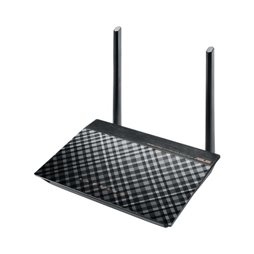 İki antenli Asus Wi-Fi yönlendirici. Cihaz, desenli bir üste sahip siyahtır.