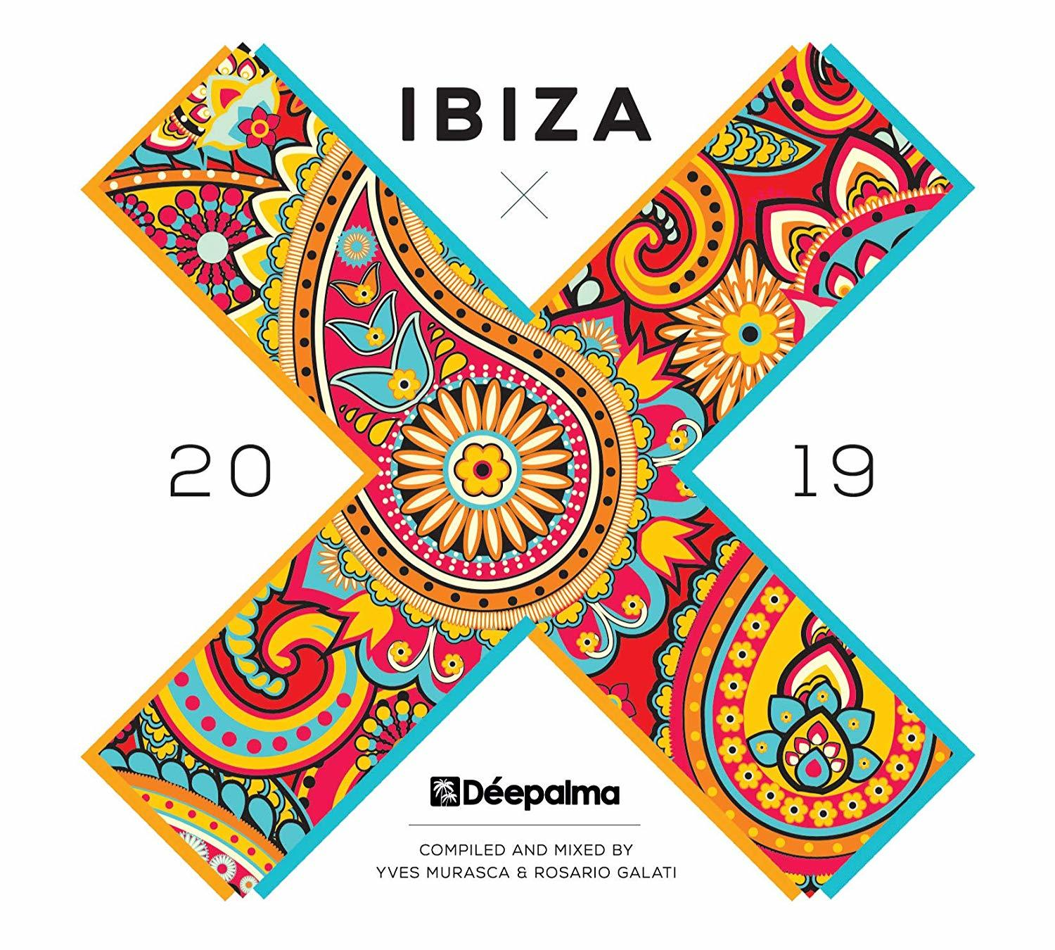 Ibiza 2019 Grafik. X-Form mit floralen Mustern. Text: Ibiza, 2019 und Künstlernamen.