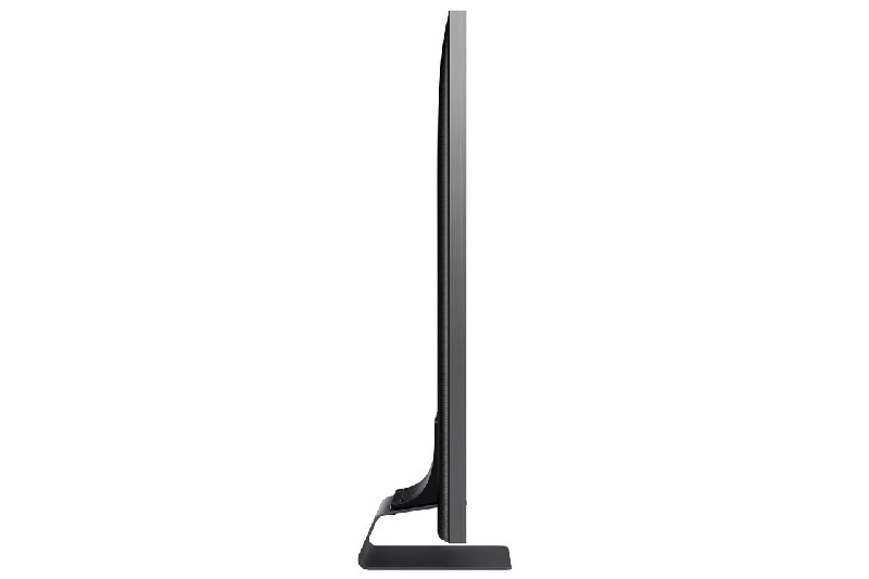 Una vista lateral de un televisor negro delgado.