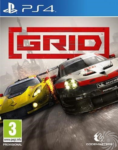 Game-omslag van Grid, met twee raceauto's in actie, een gele en een zwart-rode.