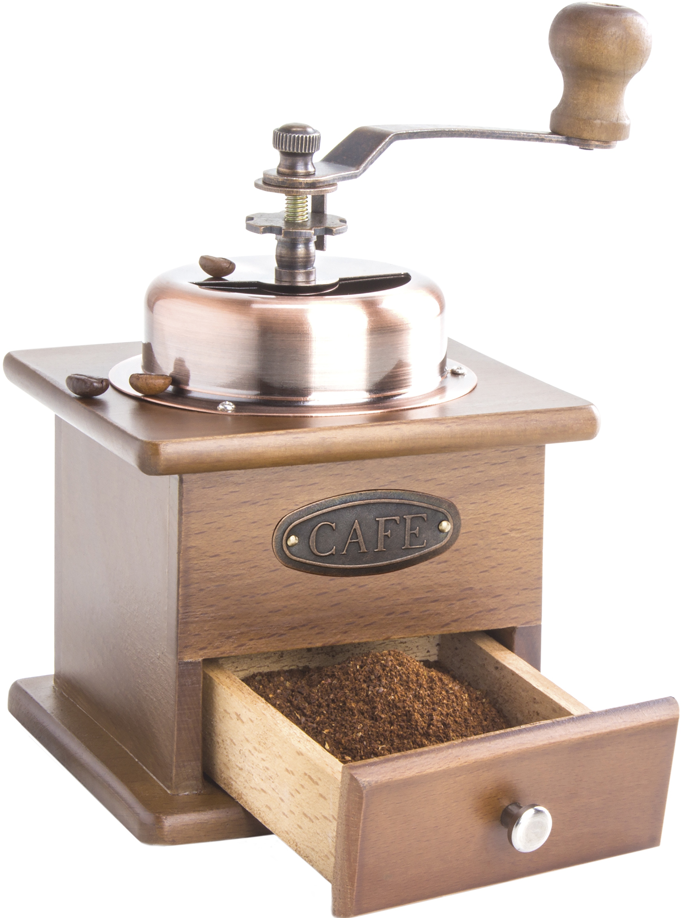 Hölzerne Kaffeemühle mit geöffneter Schublade, gefüllt mit Kaffeepulver und einem Griff.
