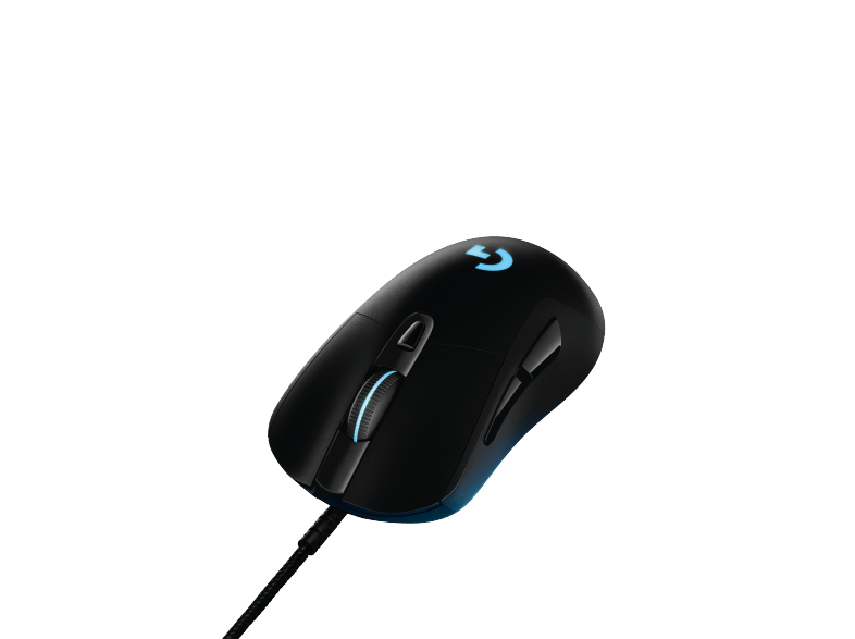 Zwarte gamingmuis met blauwe accenten en een snoer. Een logo is zichtbaar.