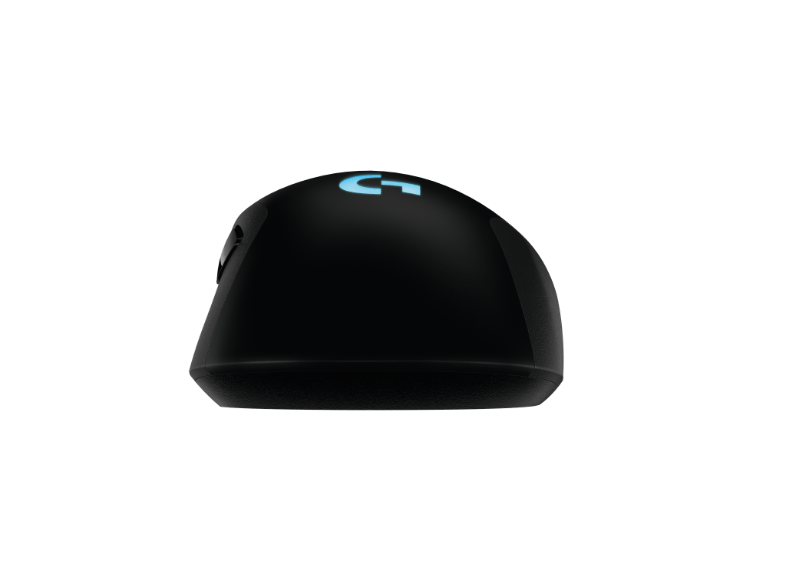 Een zwarte computermuis met het Logitech-logo.