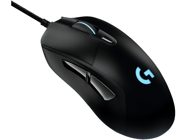 Een zwarte Logitech gamingmuis met een blauw oplichtend 'G' logo.