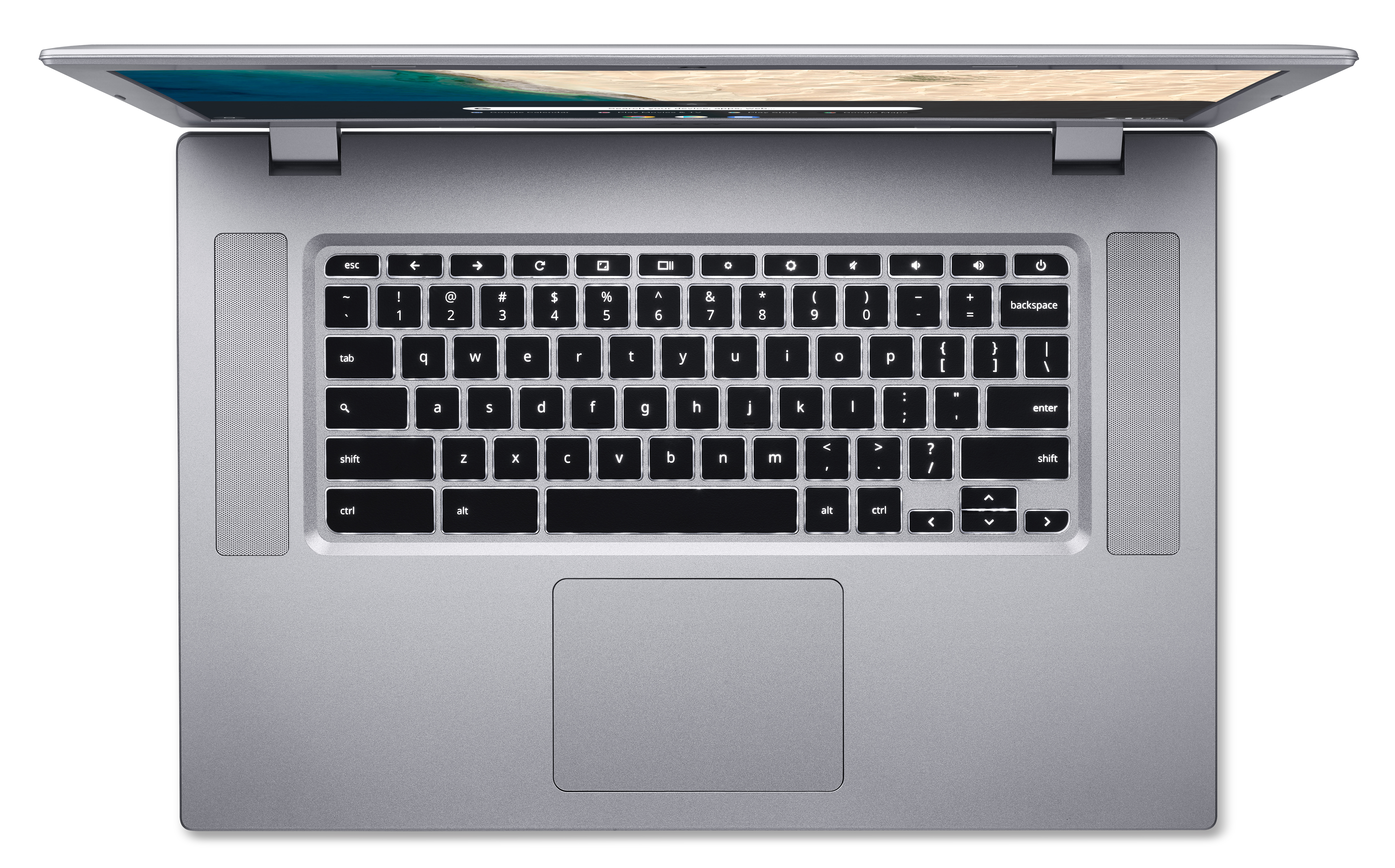 Ein Laptop, Draufsicht, offen. Tastatur und Touchpad sichtbar. Silberfarben.