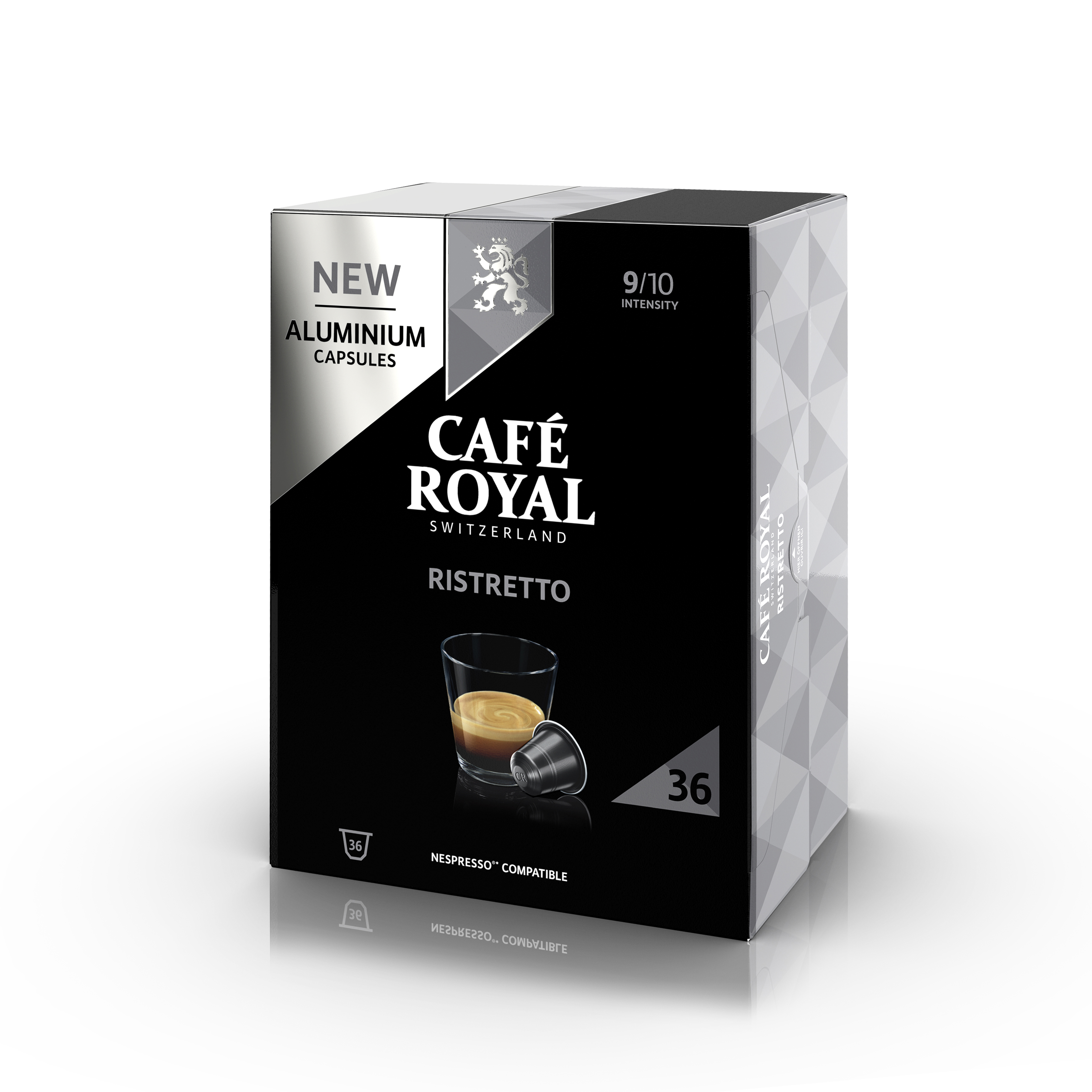 Schachtel mit Café Royal Ristretto Kaffeekapseln mit einem Kaffeebecher und einer Kapsel.