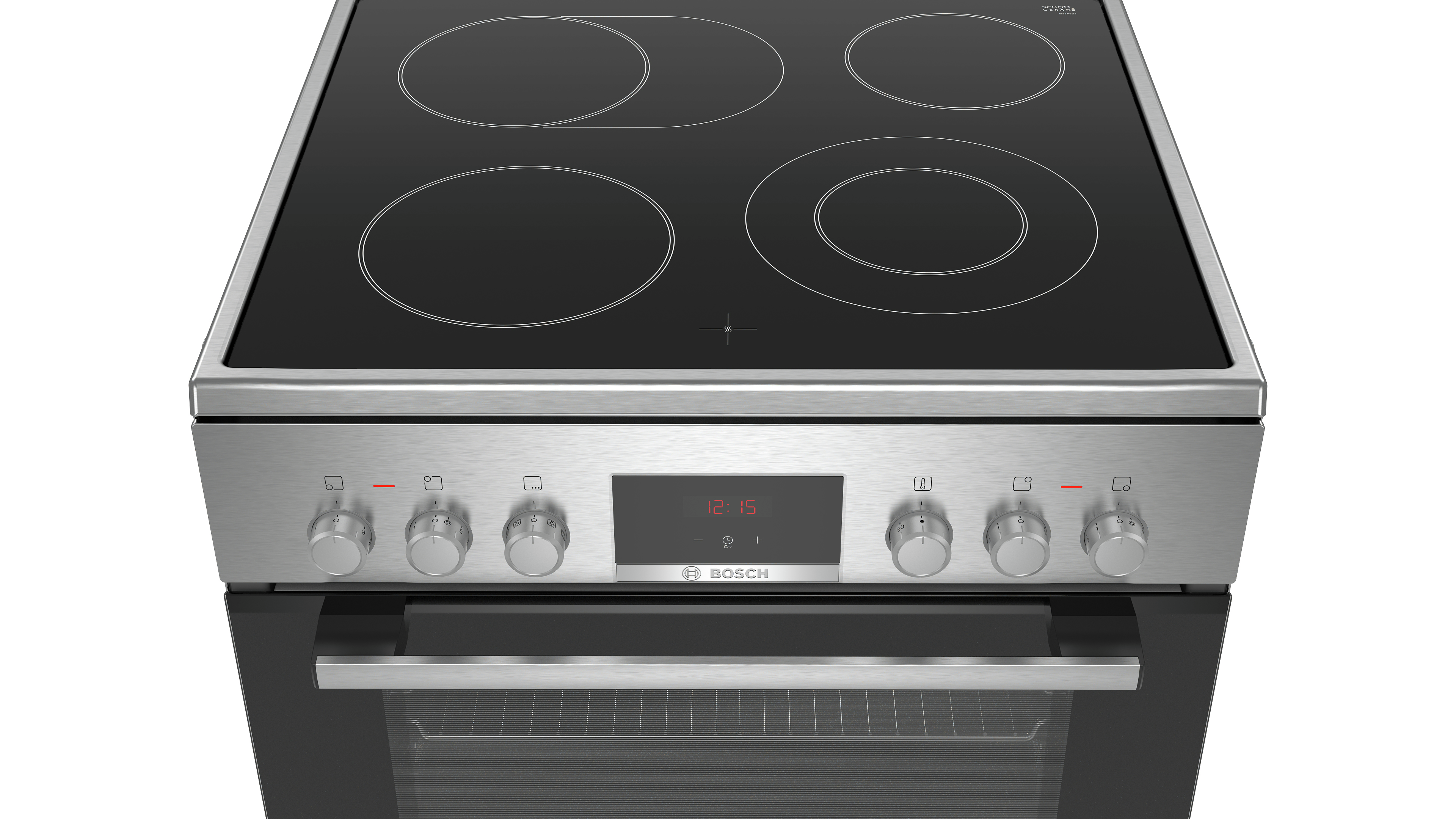 Moderner Bosch Elektroherd mit Kochfeld und Backofen. Edelstahl mit Touch-Bedienelementen.