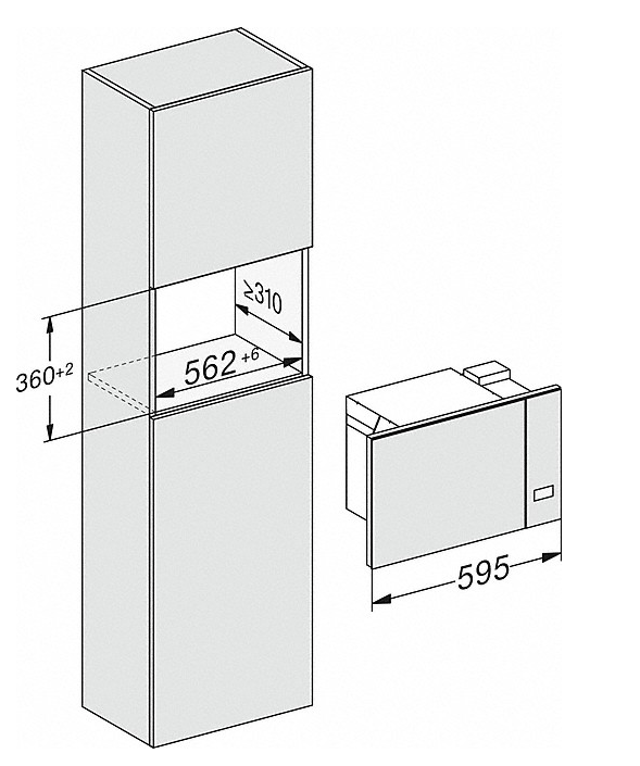 Beépíthető sütő diagramja, méretekkel, milliméterben. Külön egység előlappal és méretekkel.