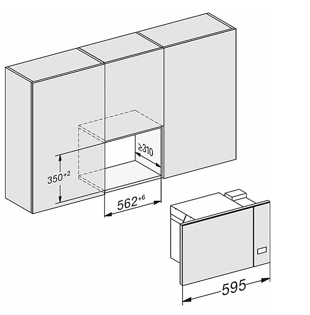 Mikrohullámú sütő beépítésének diagramja. Méretek és a mikrohullámú körvonala látható.