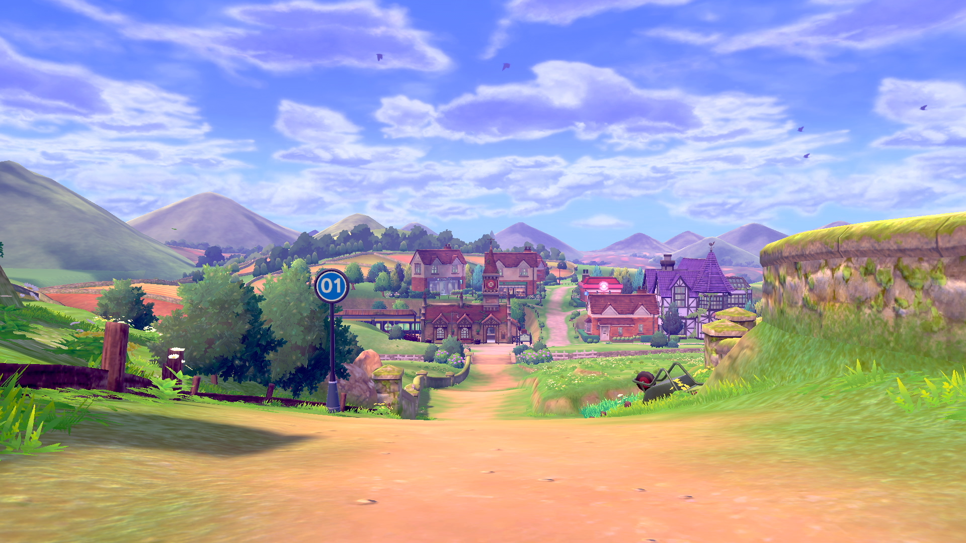 Un paesaggio rurale da un videogioco, con un sentiero che conduce a un villaggio.