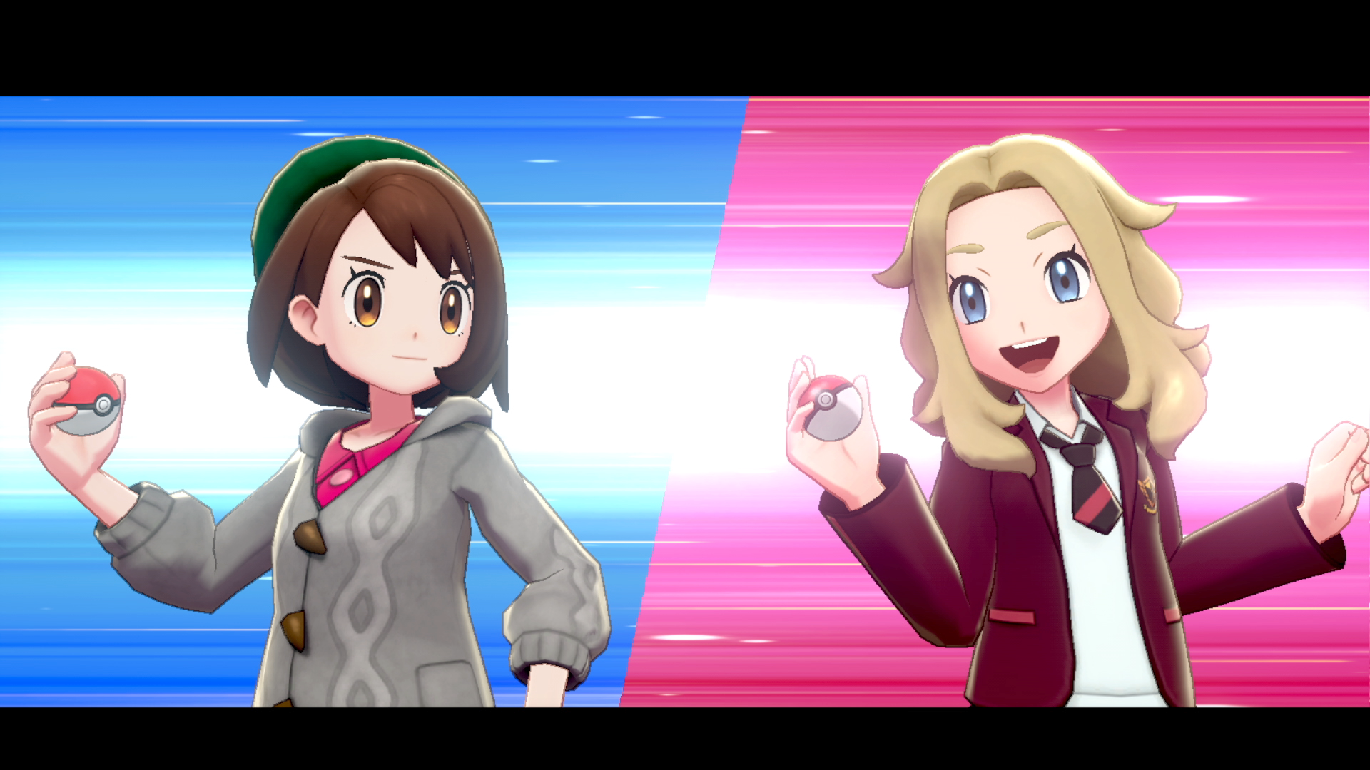 Due donne in stile anime tengono Poké Ball. Una indossa un cappello verde, un cappotto grigio. L'altra indossa una giacca bordeaux e cravatta.
