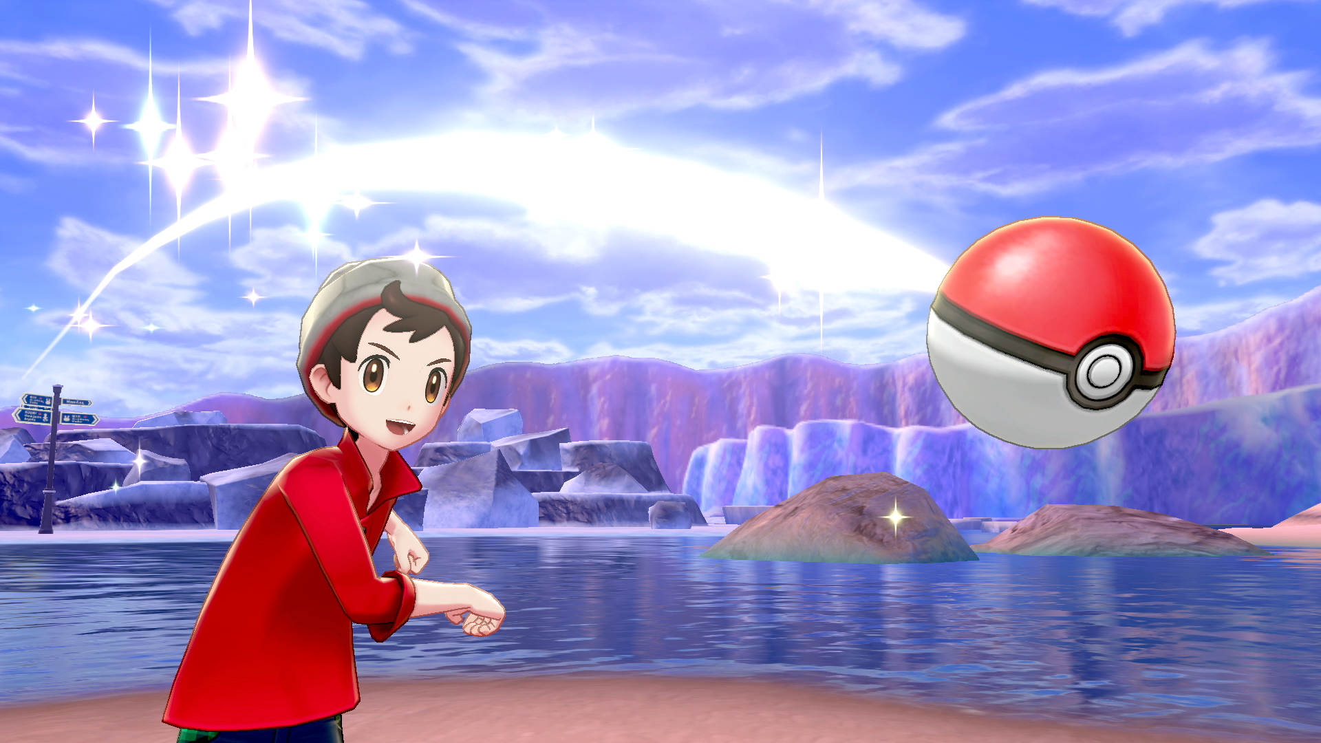 Un ragazzo lancia una Poké Ball rossa e bianca. Una scia luminosa dietro la palla. Montagne e acqua sullo sfondo.