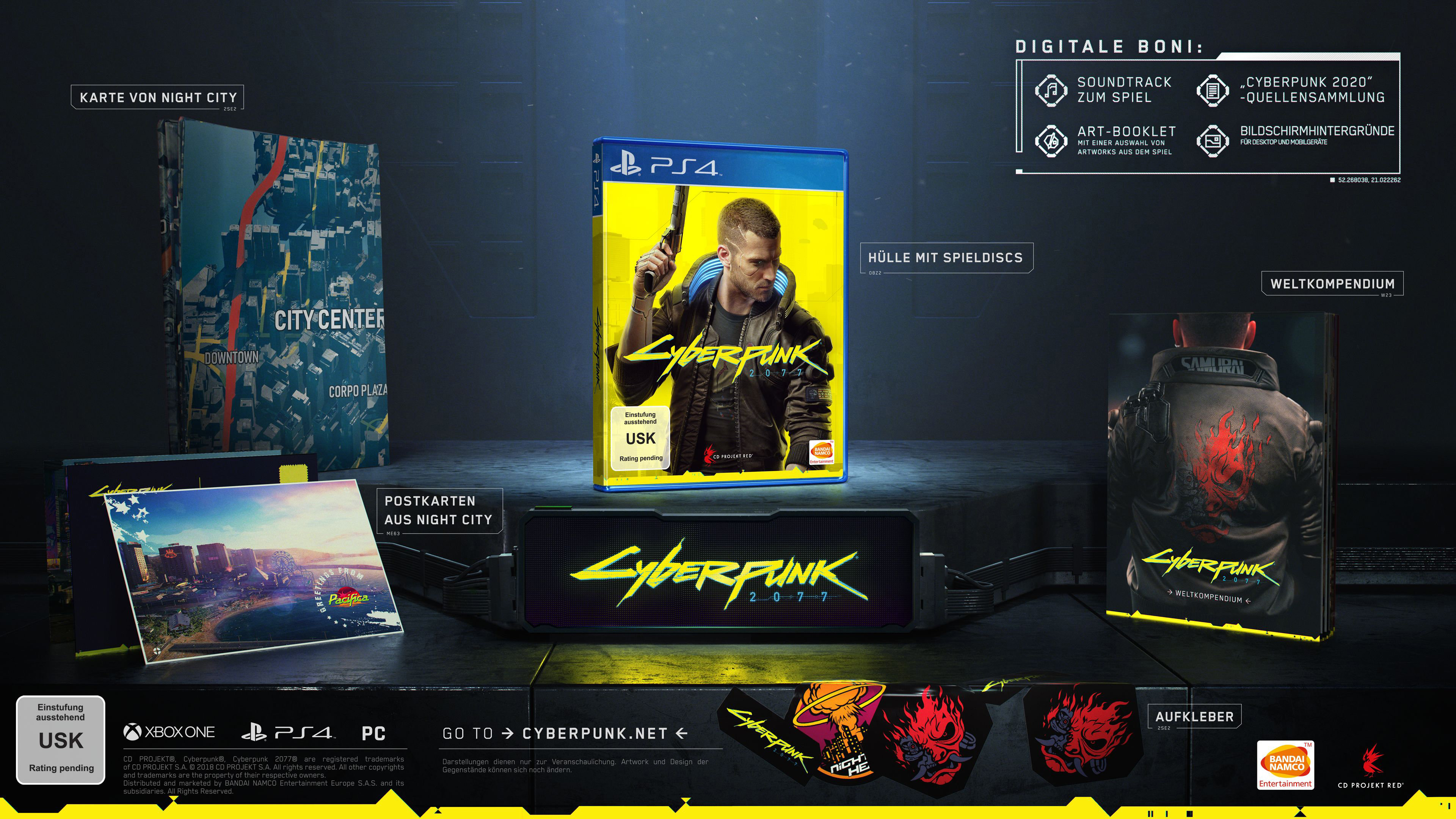 Eine Darstellung von Cyberpunk 2077-Spielobjekten, einschließlich einer PS4-Box.