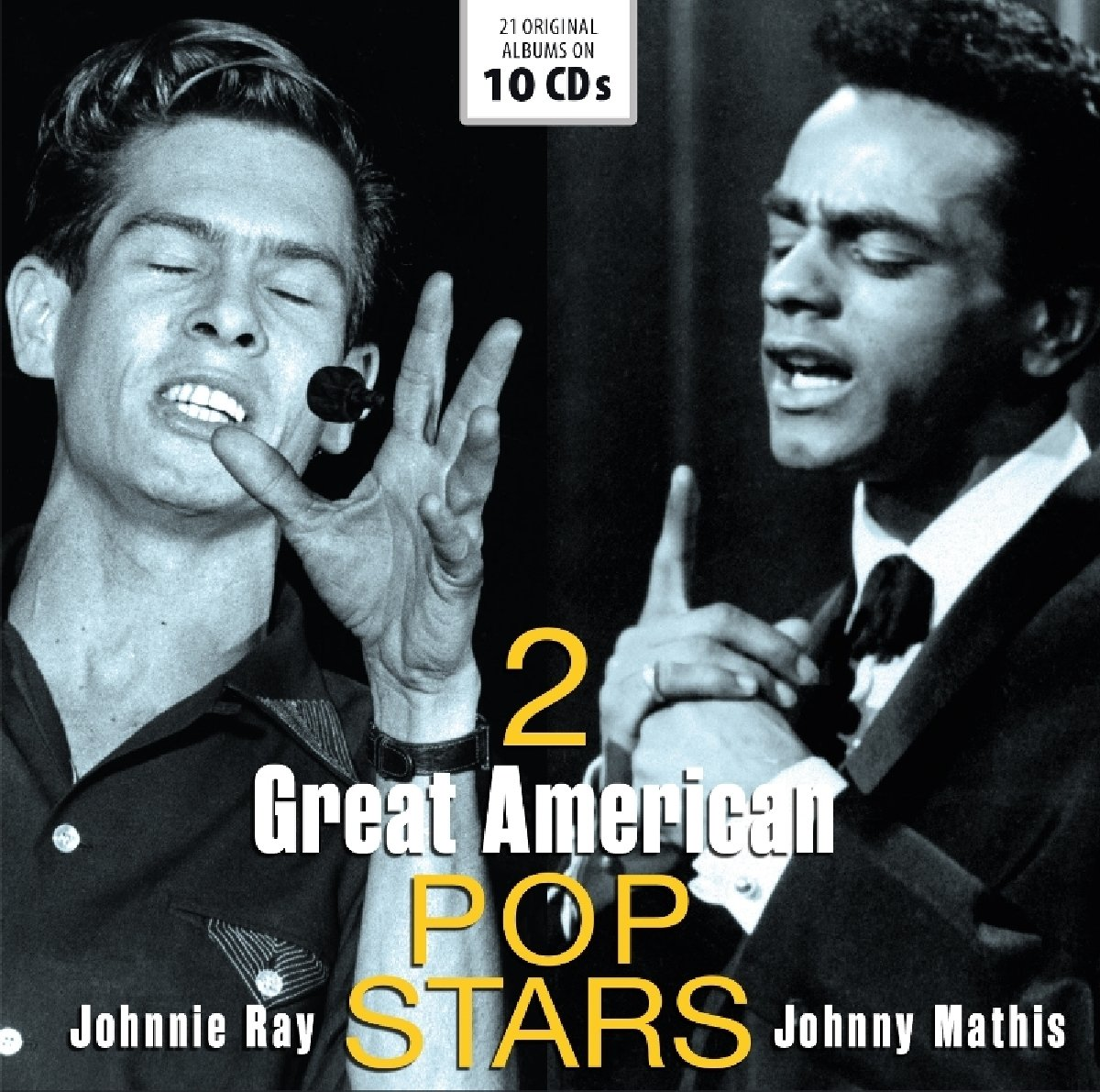 Albumhoes. Twee mannen zingen. Zwart-wit foto. Tekst: 2 Great American Pop Stars.