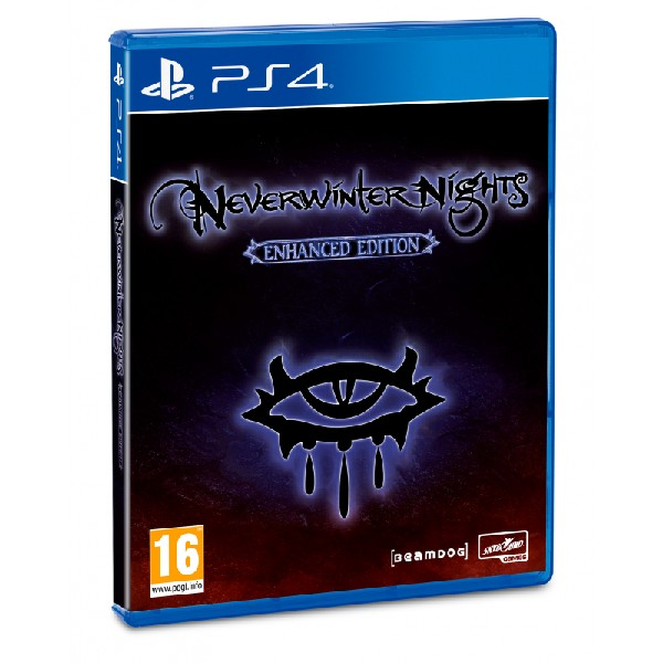 Caja de juego de PS4. Neverwinter Nights Enhanced Edition. Caja azul con imagen de ojo.