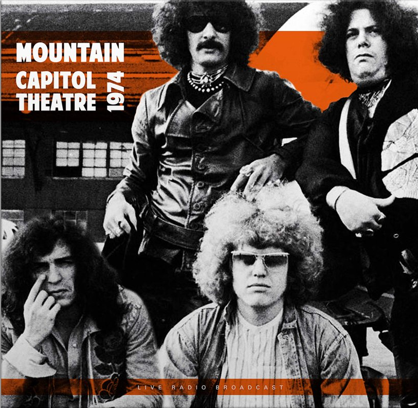 Membres du groupe en tenue vintage. Texte orange. Mountain Capitol Theatre 1974.