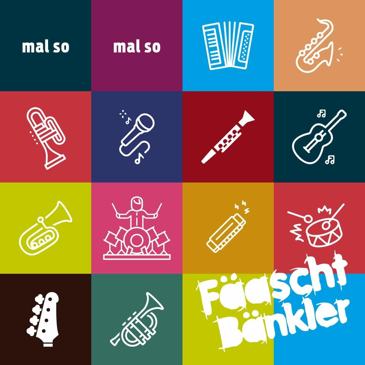 Eine Collage von Musikinstrumenten: Akkordeon, Saxophon, Trompete, Schlagzeug, Gitarre und andere.