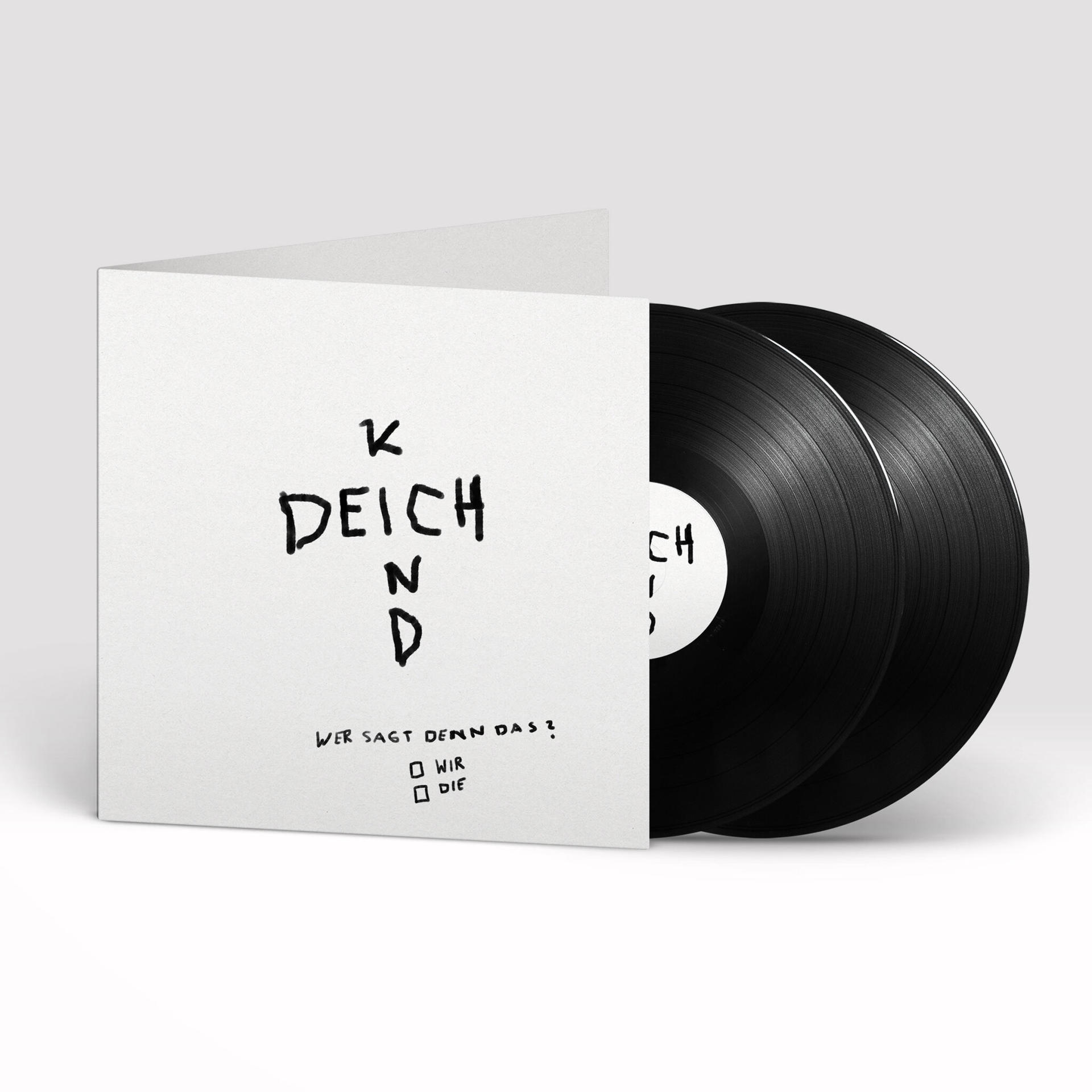 Schallplatten-Albumcover mit handschriftlichem Text und zwei schwarzen Schallplatten. Weißer Hintergrund.