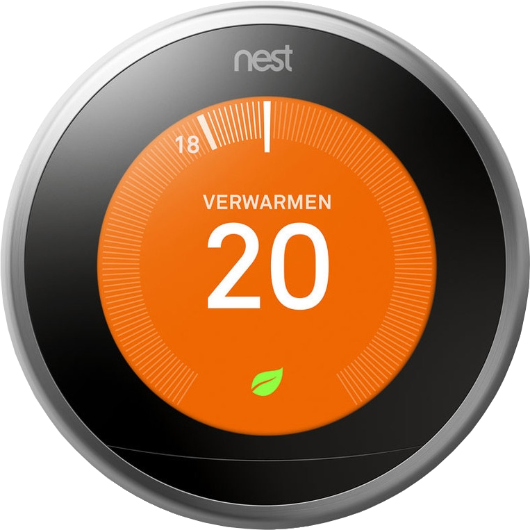 Nest-thermostaat die de temperatuur weergeeft. Oranje draaiknop met zwart en zilver frame.
