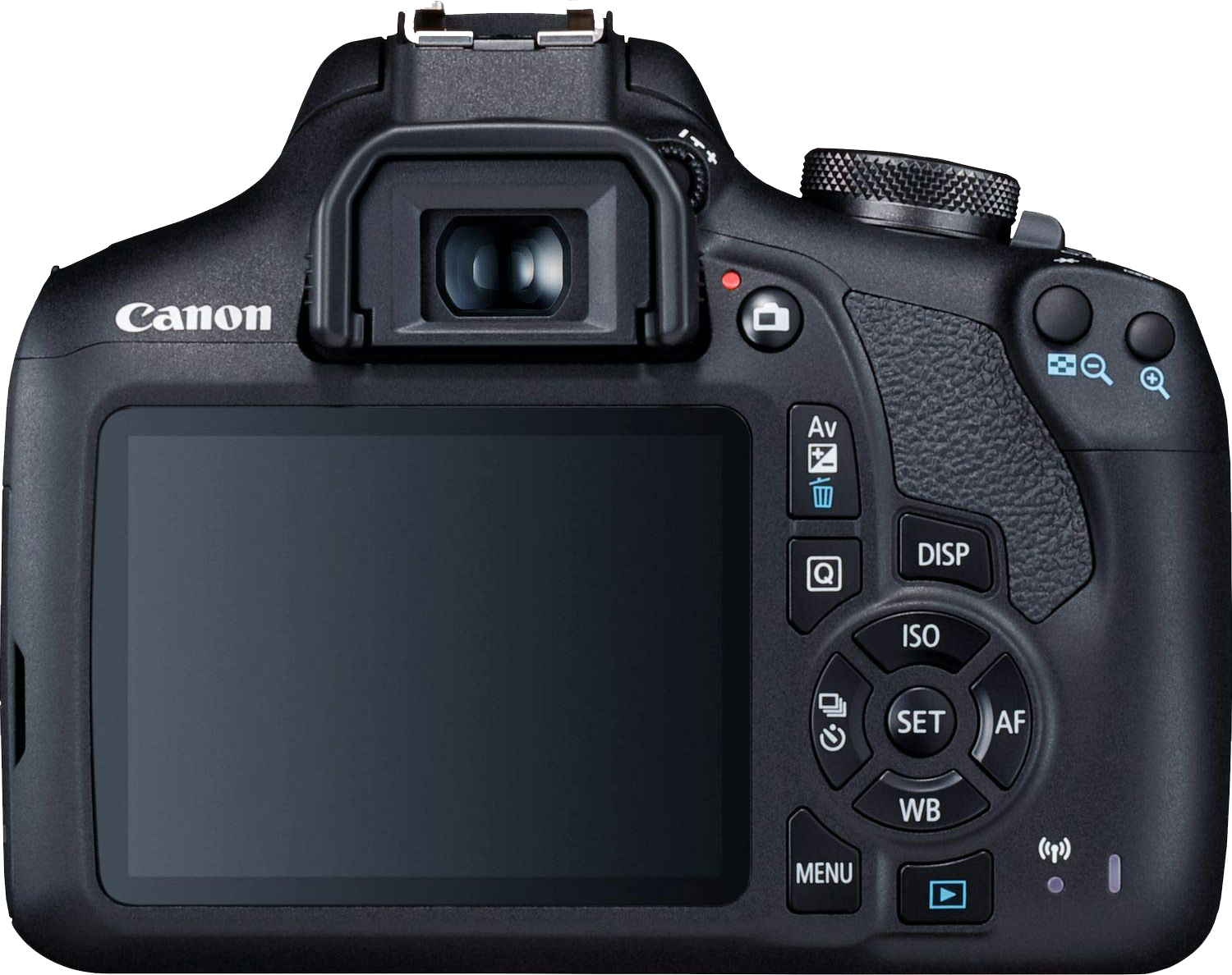 Zwarte Canon camera, achteraanzicht. Er is een scherm en verschillende knoppen voor instellingen.