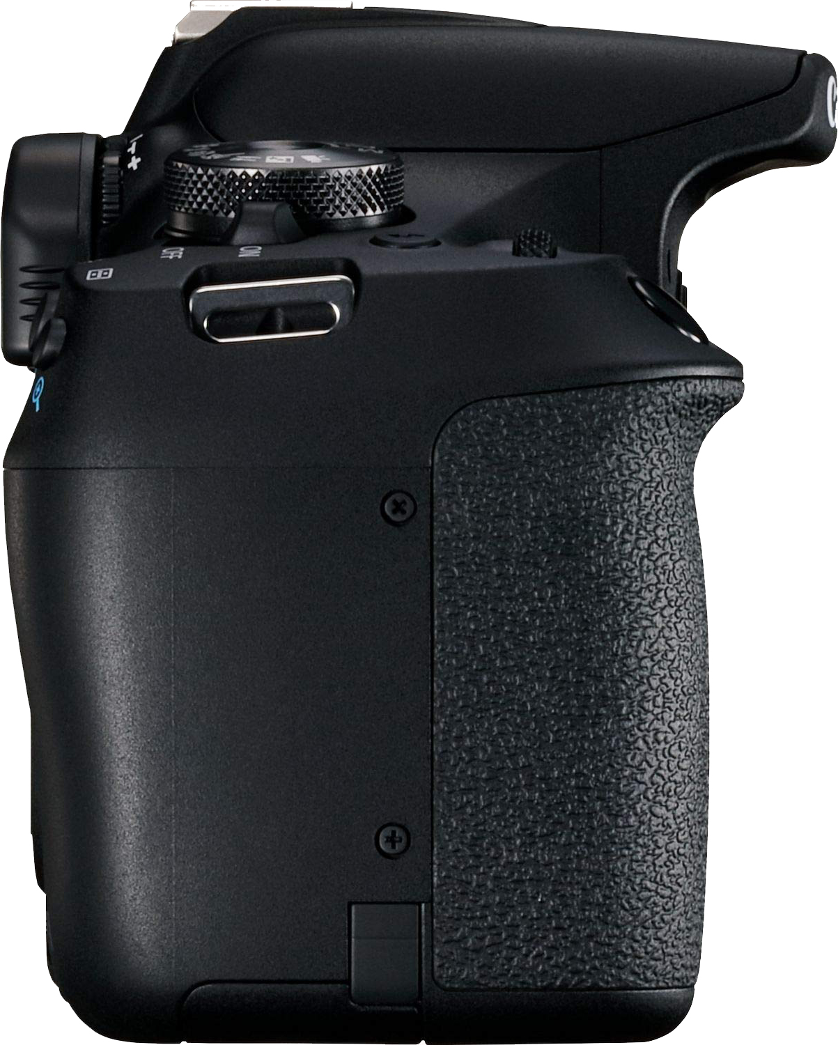 Een zwarte DSLR-camera. Zijaanzicht, met de grip, knoppen en draaiknop.