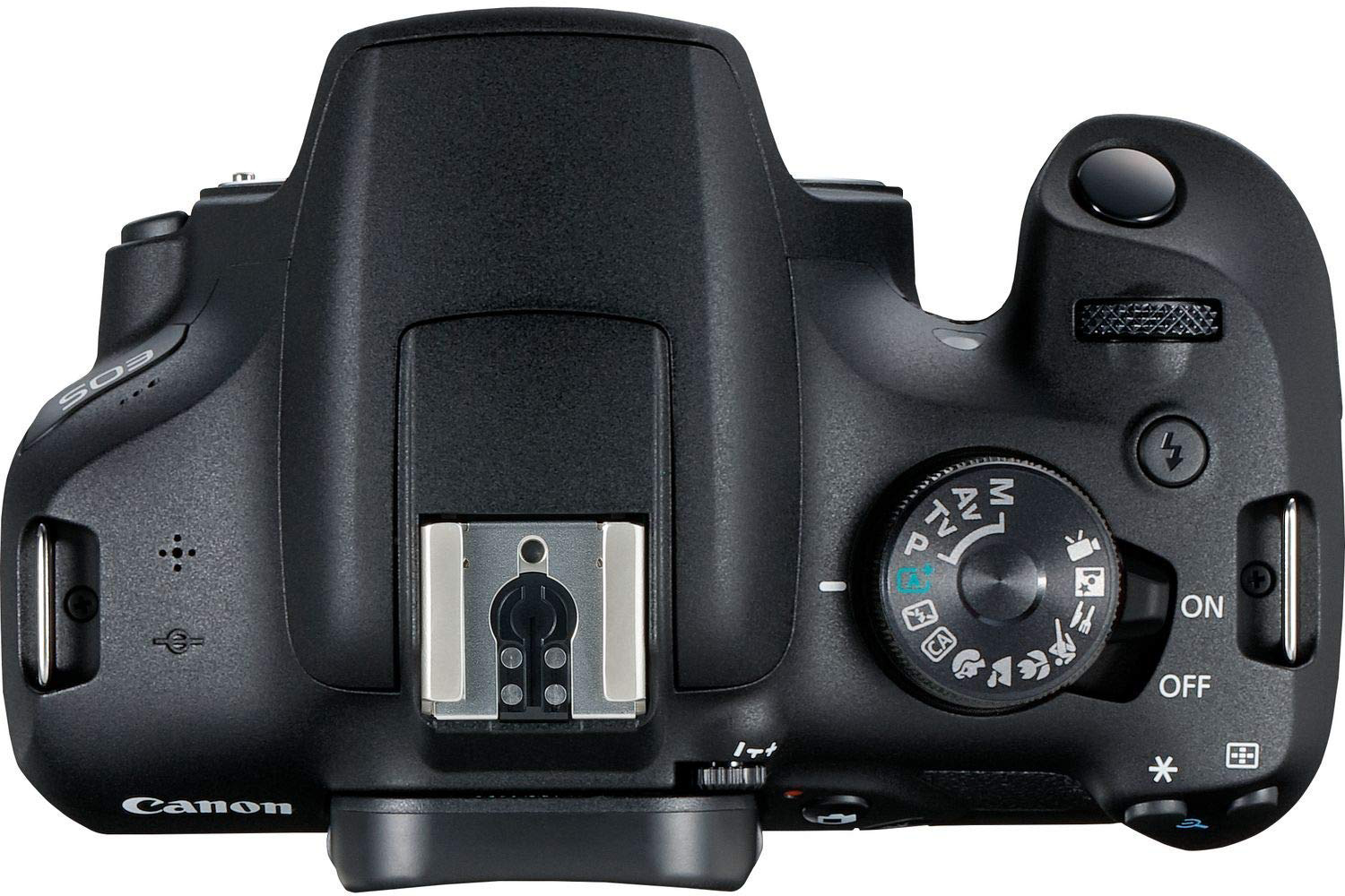 Bovenaanzicht van een zwarte Canon camera met moduskieswiel en flitser.