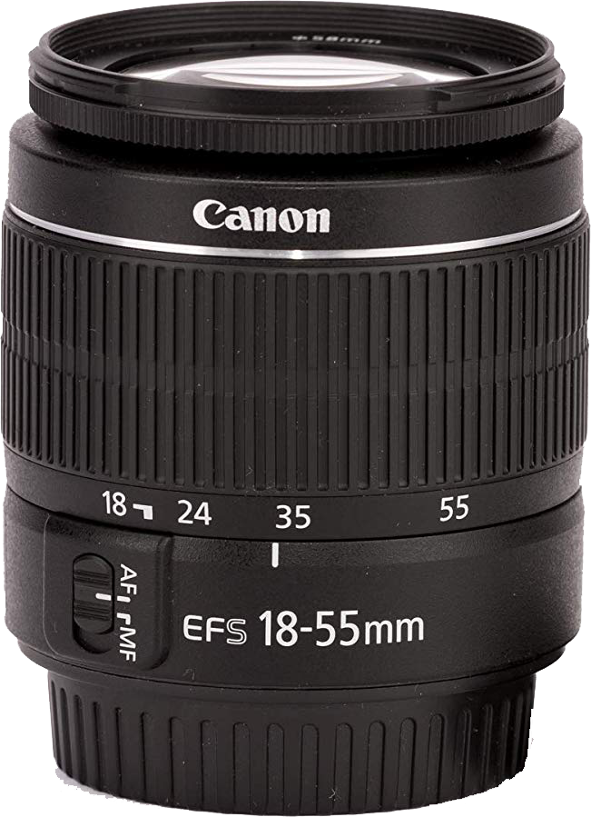 Zwarte Canon cameralens. Getallen 18-55 zichtbaar. 'EFS 18-55mm' staat erop.