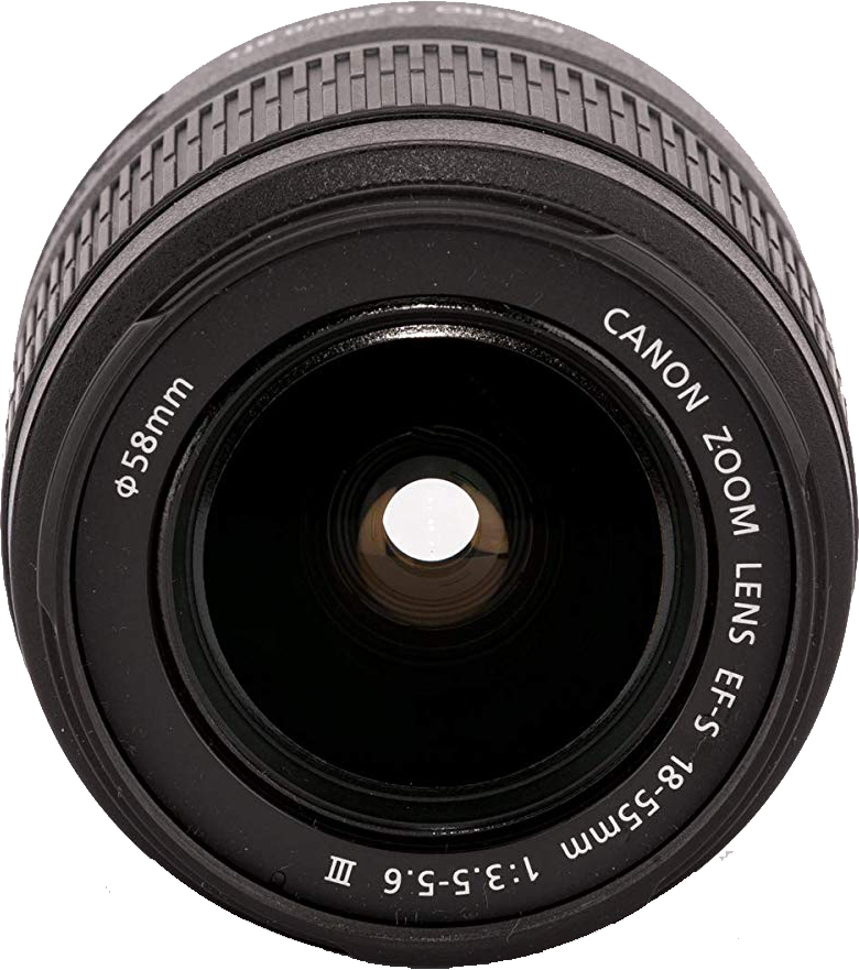 Canon zoomlens, zwart. Leest: Canon Zoom Lens EF-S 18-55mm 1:3.5-5.6 III.