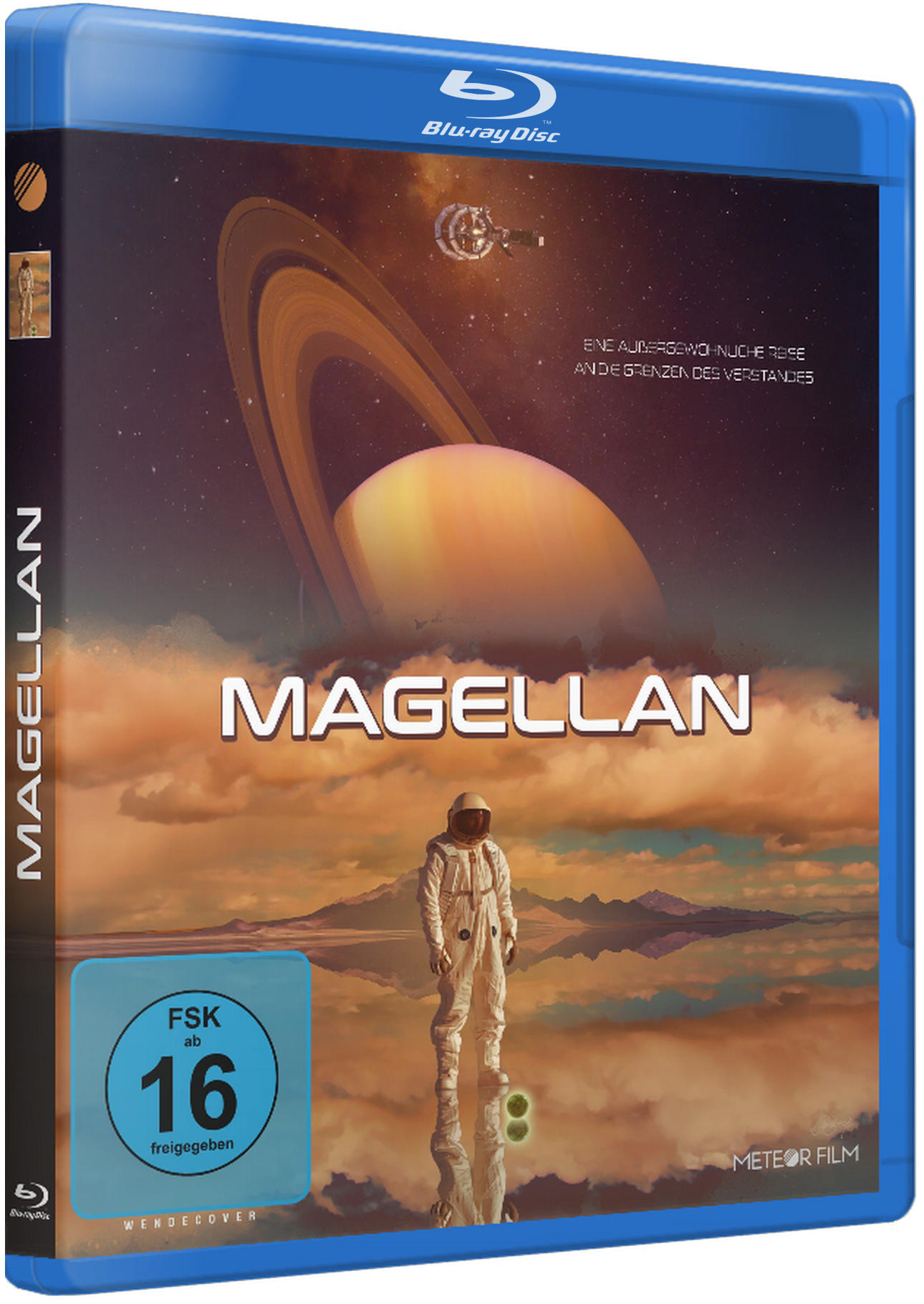 Blu-ray-Hülle für den Film 'Magellan' mit Weltraumszene, Astronaut und Saturnringen.