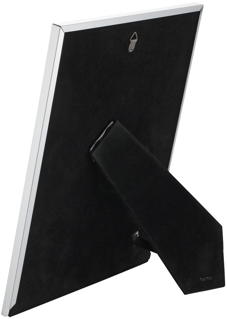 Rückansicht eines Fotorahmens. Er hat eine schwarze Rückseite und einen silbernen Rahmen. Ein schwarzer Ständer stützt den Rahmen.