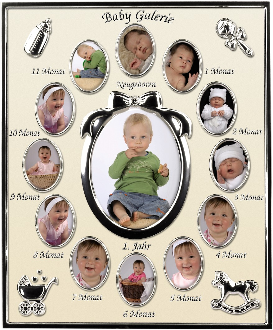 Ein Baby-Fotorahmen mit ovalen Fotos eines Babys in verschiedenen Altersstufen. Dekorative Elemente wie Rassel und Flasche sind vorhanden.