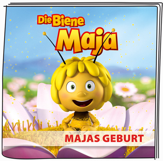 Die Zeichentrickfigur Biene Maja auf einer Blume, mit den Worten 'MAJAS GEBURT' darunter.