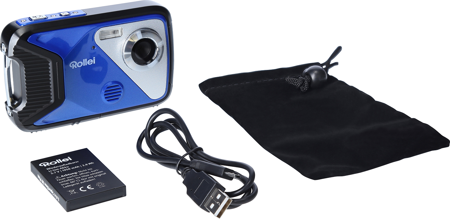 Een blauwe en zwarte waterdichte camera met accessoires. Inclusief een zwart zakje, batterij en USB-kabel.
