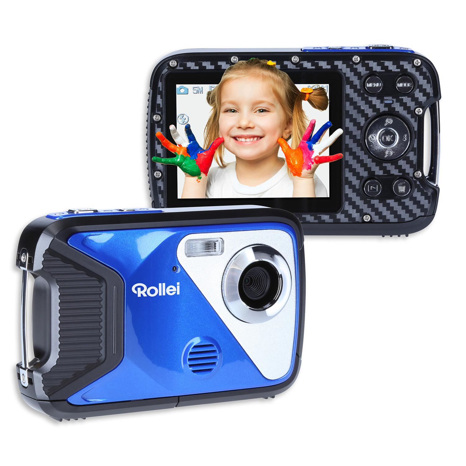 Een kind glimlachend, met handen beschilderd met kleurrijke verf. De camera staat ervoor.