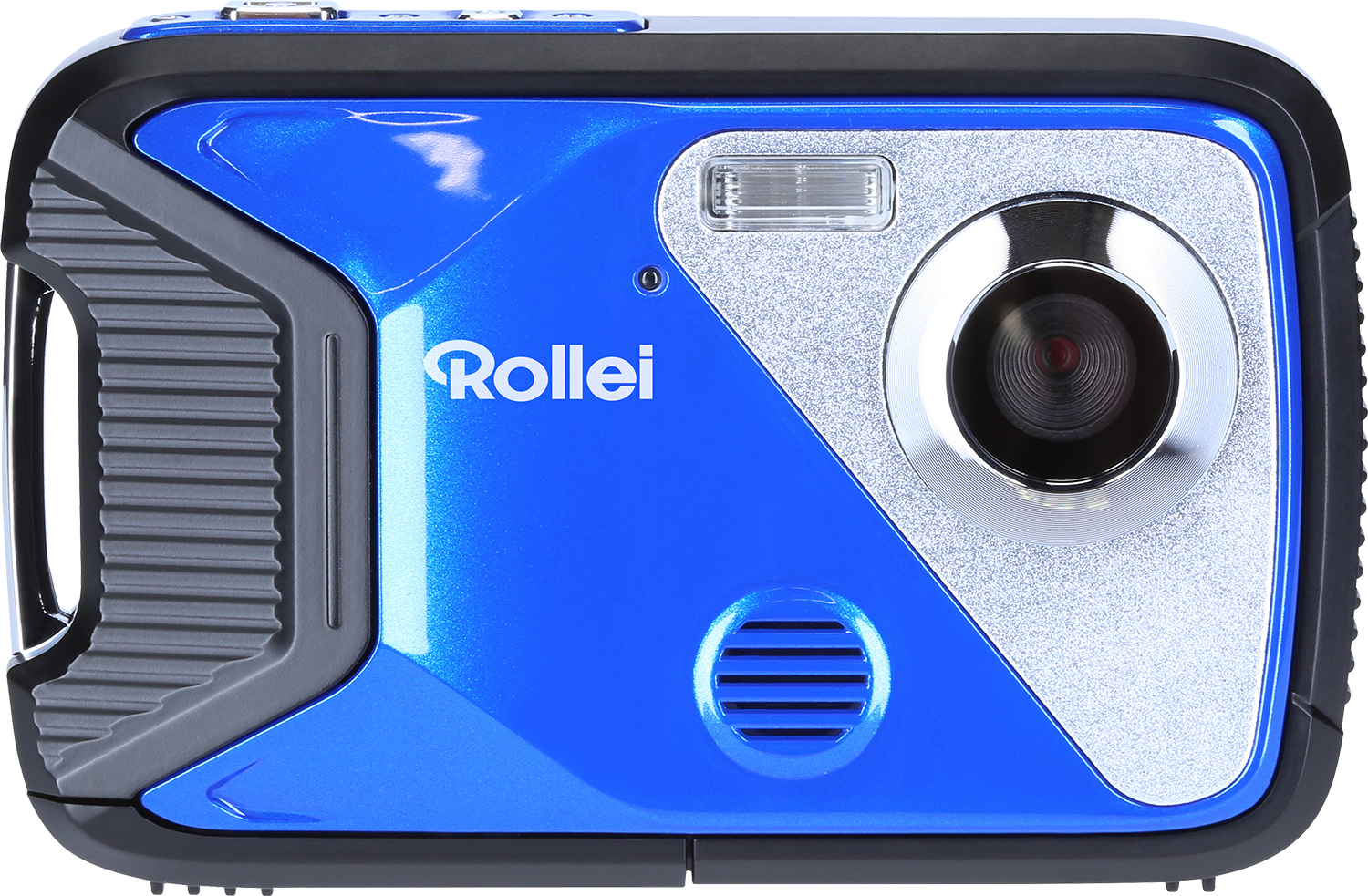 Blauwe Rollei camera. Zilveren lens. Zwarte en grijze accenten. Flits zichtbaar.