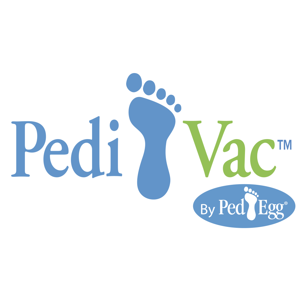 Logo für Pedi Vac, ein Fußpflegeprodukt. Enthält den Namen, einen blauen Fußabdruck und 'By Ped Egg' in einem weißen Oval auf schwarzem Grund.