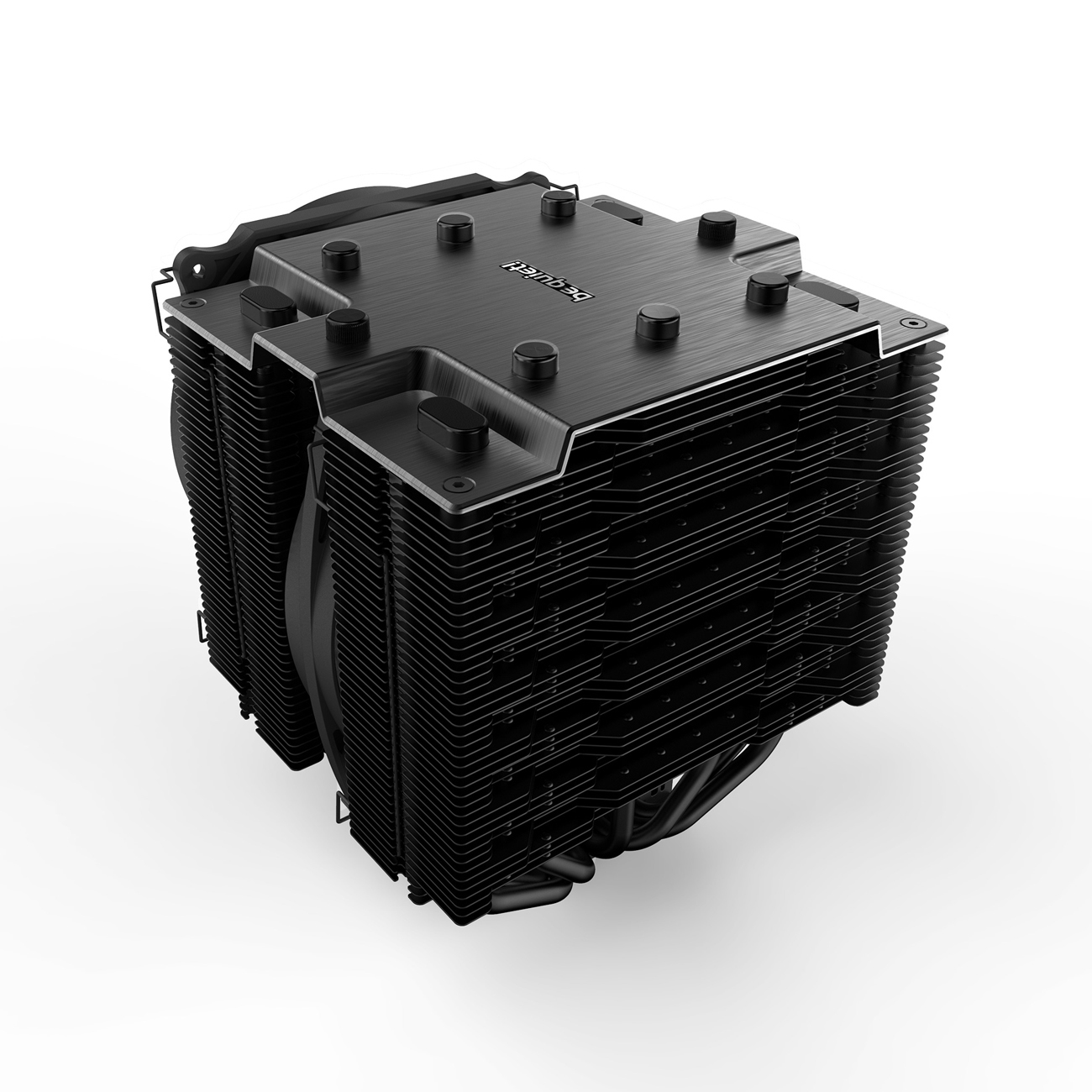 Schwarzer Computerkühler mit Kühlkörpern und schwarzem Lüfter.