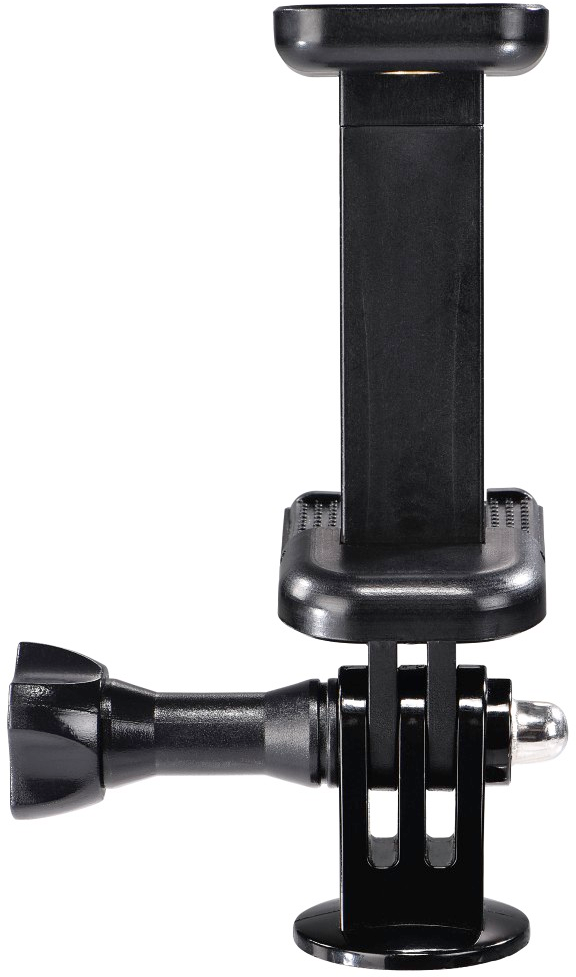 Un support de téléphone noir avec un support pour smartphone et un support GoPro.