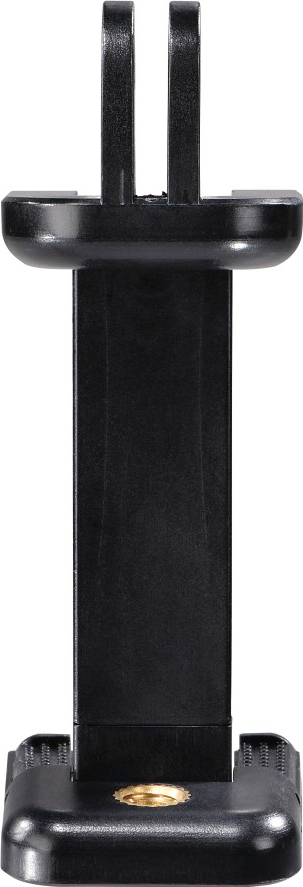 Un support noir pour téléphones portables. Il a une tige centrale et une vis en bas.