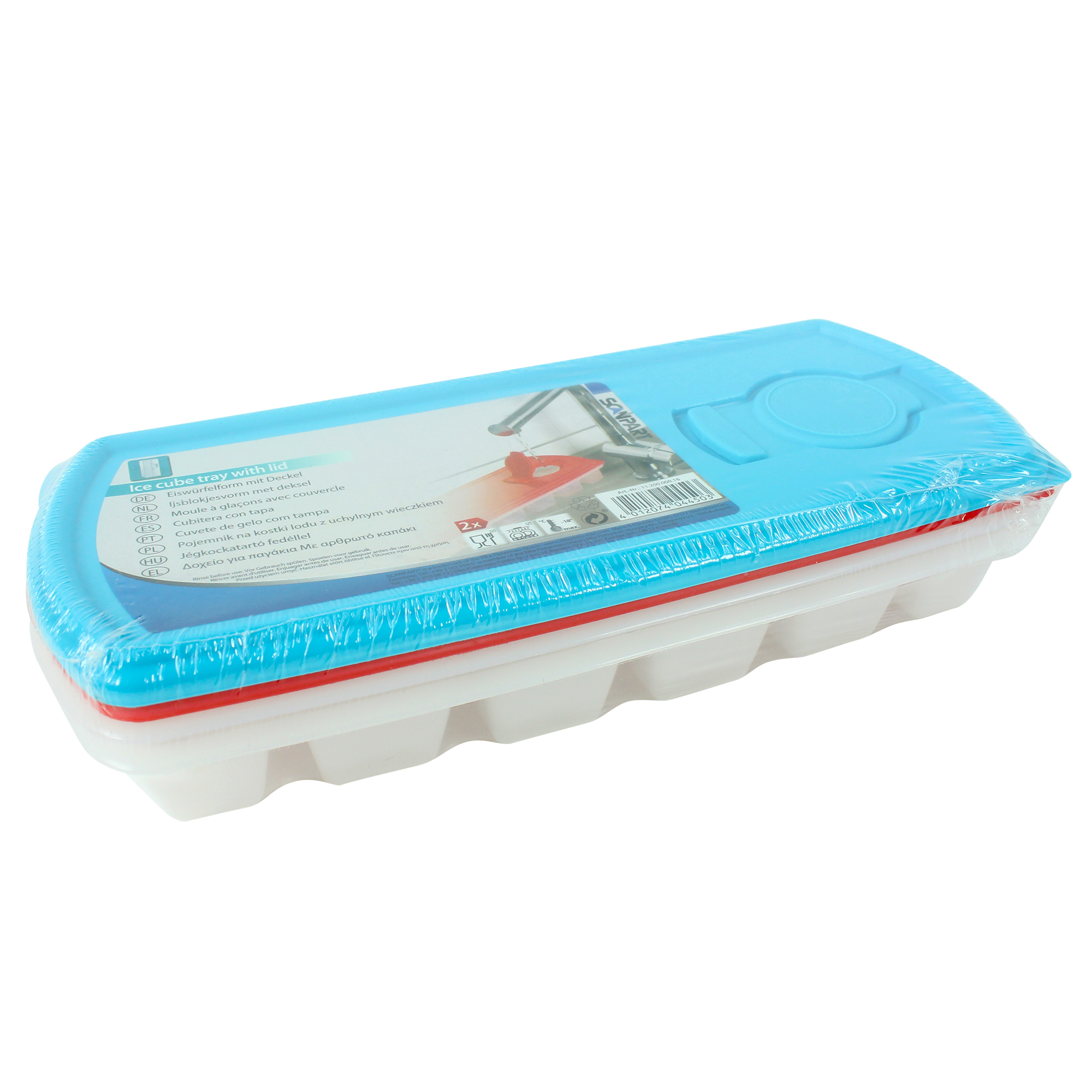 Blauwe ijsblokjeshouder met deksel. Wit en blauw plastic. Verpakt in plastic.